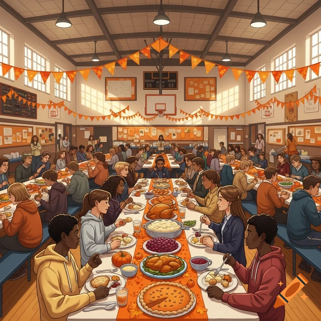 Illustrated scene of a diverse group of students enjoying a Thanksgiving feast in a decorated school cafeteria or gym.