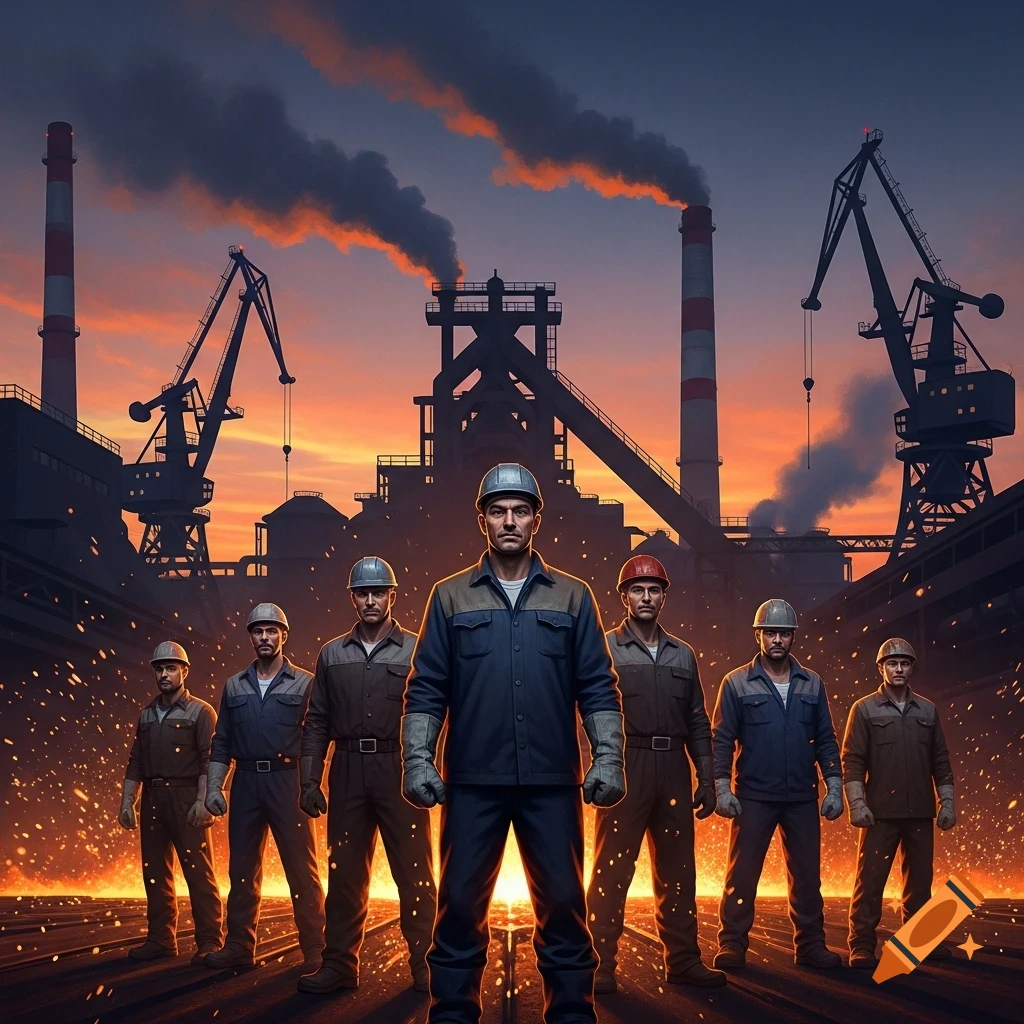 A group of industrial workers in hard hats stand in a steel factory with smoking chimneys, cranes, and an orange sunset.