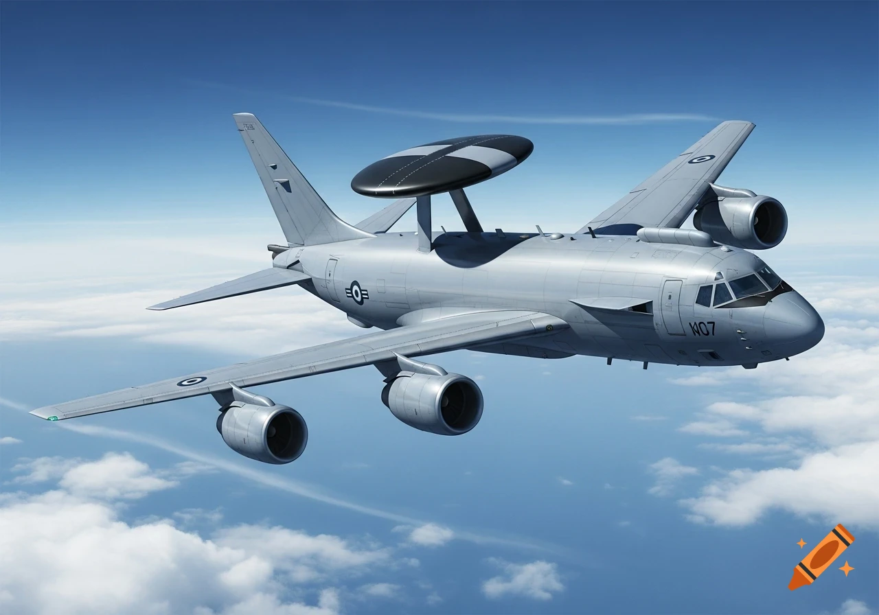A grey E-7 Wedgetail military aircraft with a radar dome flying in a blue sky with scattered clouds.