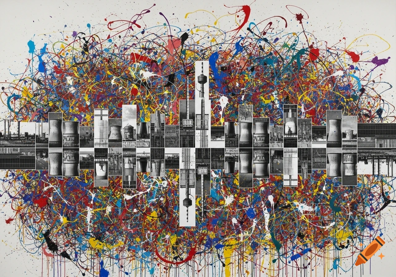 Abstract art featuring a grid of black and white industrial architecture (cooling towers, factories) overlaid with vibrant, chaotic paint splatters.