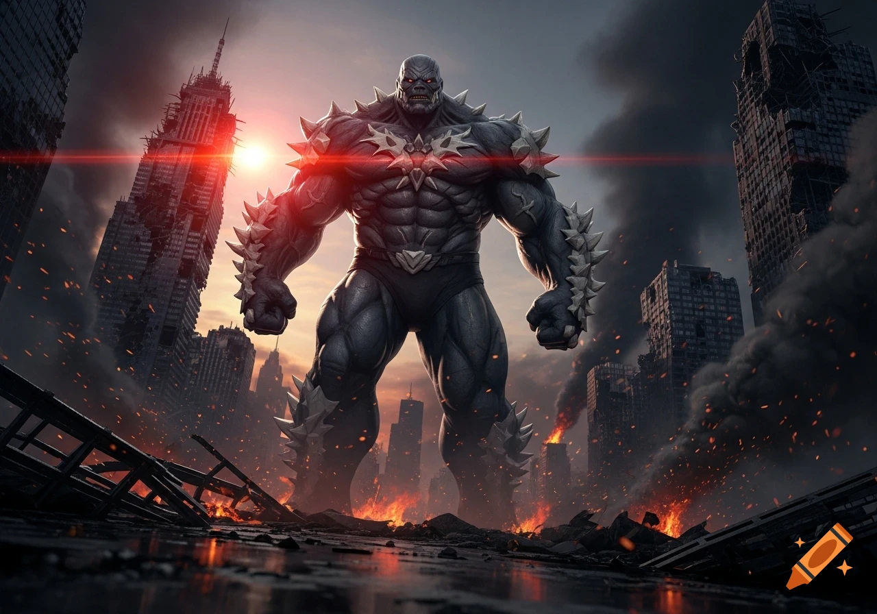Doomsday, a menacing grey spiky monster with red eyes, stands in a burning, destroyed city in a comic book style.