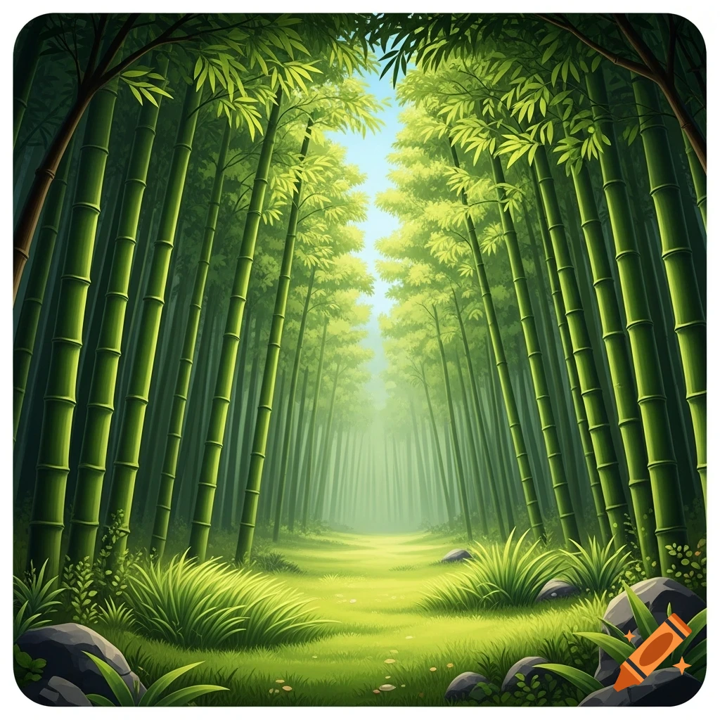 Vibrant illustration of a green bamboo forest with a sunlit path through lush grass and rocks.