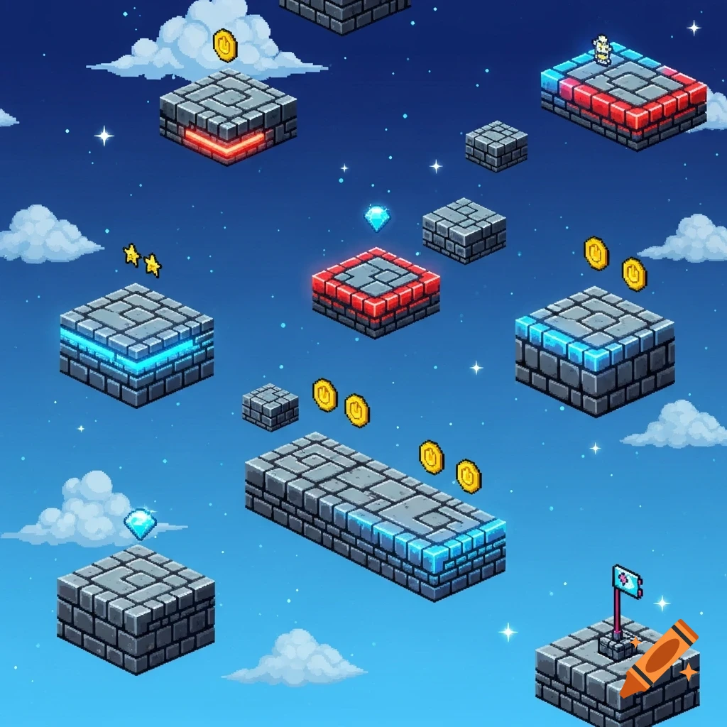 A pixel art video game background with various floating stone platforms, some glowing, with coins, stars, and a diamond against a starry blue night sky. A small character is on one platform, and a flagpole is on another.