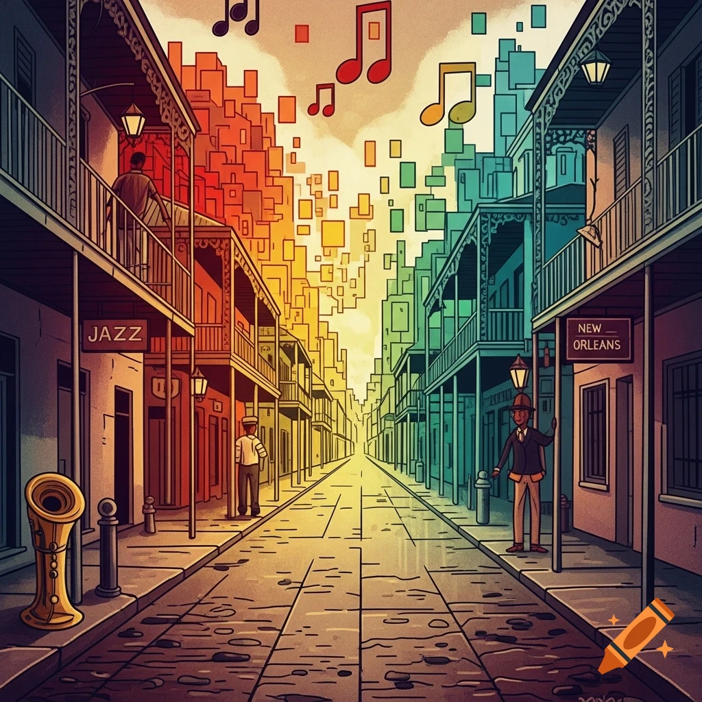 Stylized illustration of a New Orleans street with balconies, musical notes, and a saxophone, transforming into colorful blocks.
