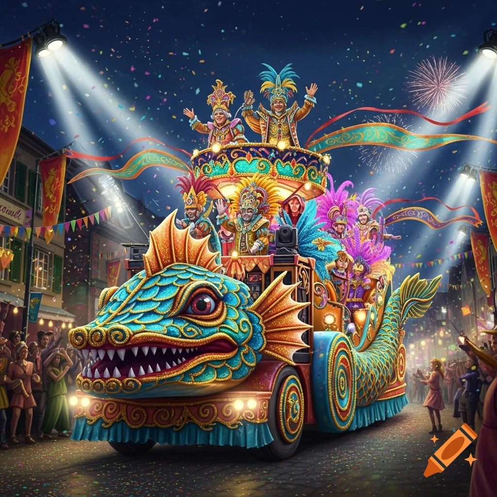 A vibrant carnival parade float shaped like a blue and gold dragon, carrying costumed performers under spotlights and confetti at night.