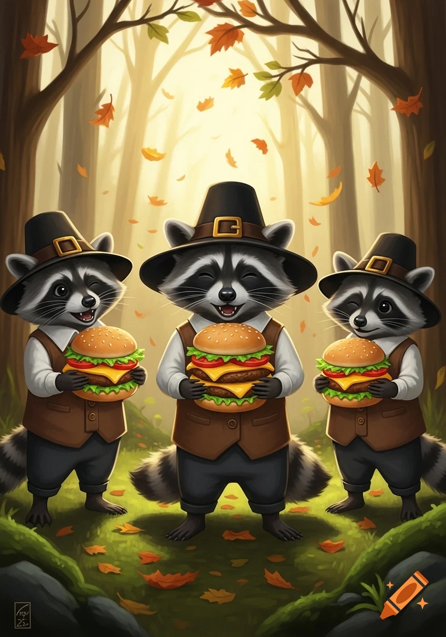 Three cartoon raccoons dressed as pilgrims holding cheeseburgers in an autumn forest with falling leaves.