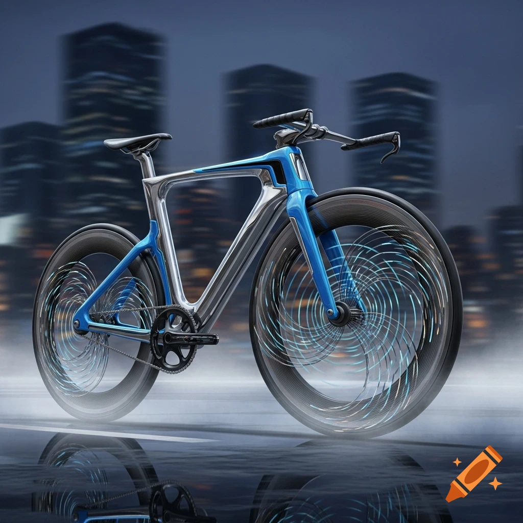 A futuristic silver and blue bicycle with glowing swirling wheels on a wet street with blurred city buildings in the background.