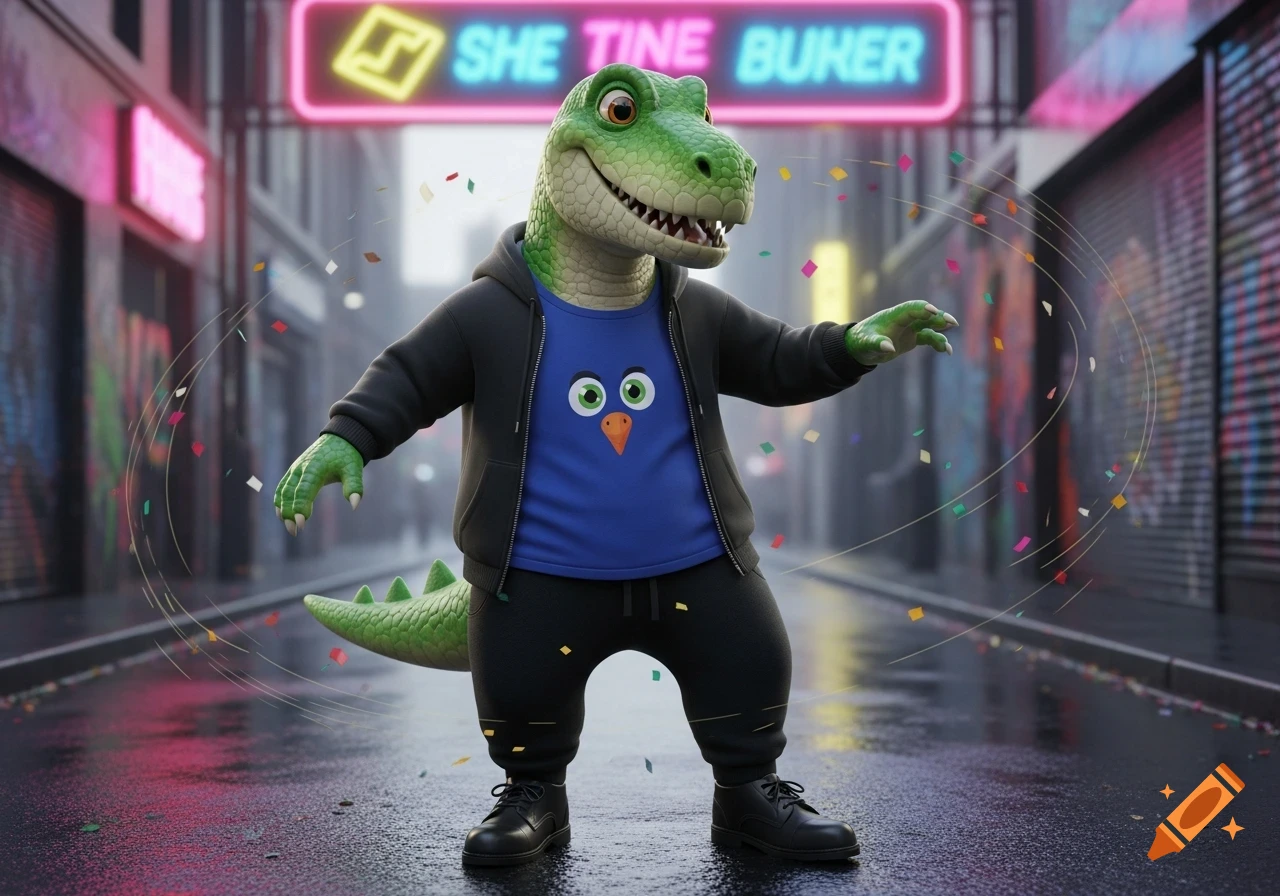 A friendly green cartoon dinosaur wearing a black hoodie and blue t-shirt dances in a wet city street with neon signs.