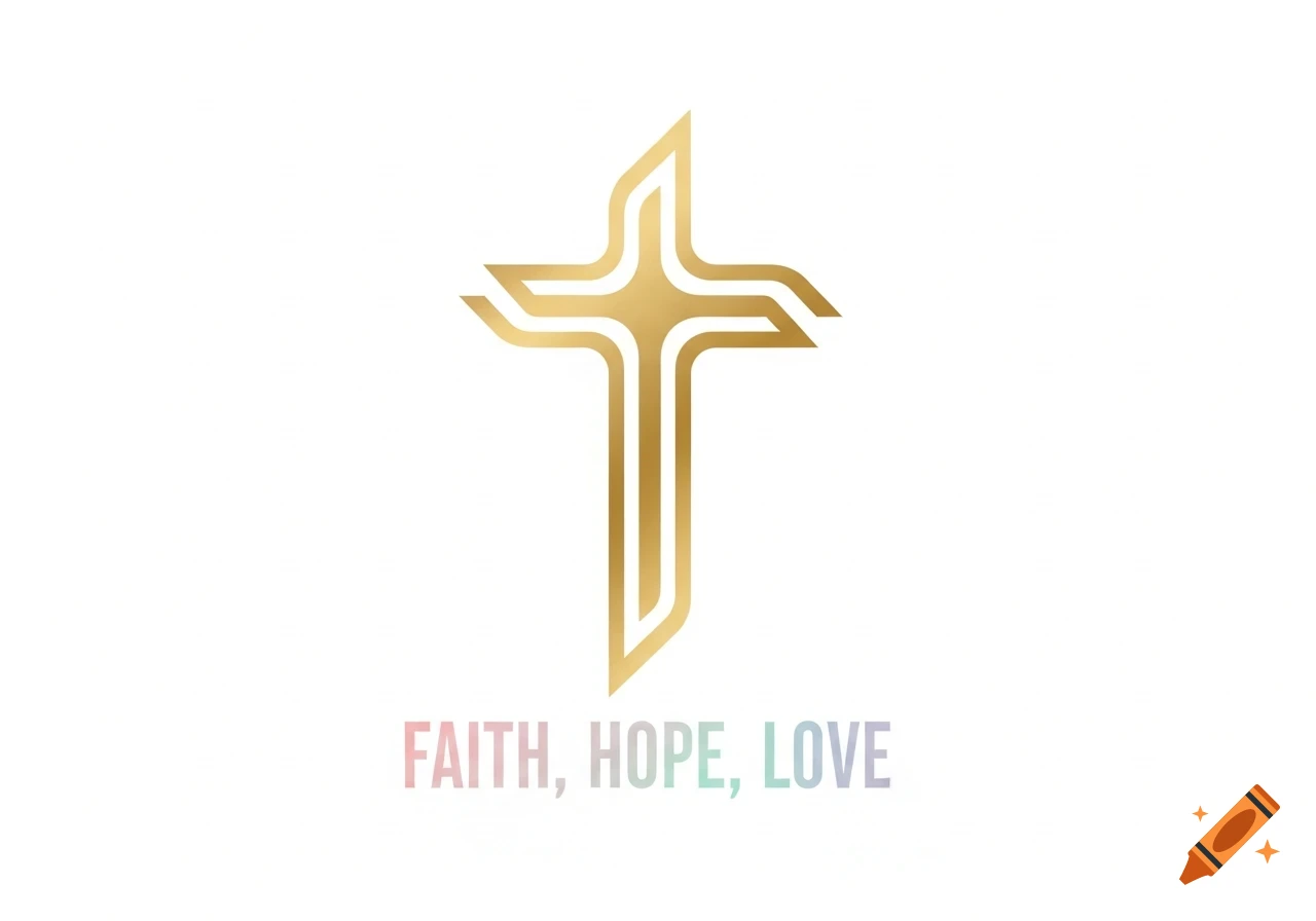 A minimalist golden cross logo with the words "FAITH, HOPE, LOVE" in gradient colors below it, all on a white background.