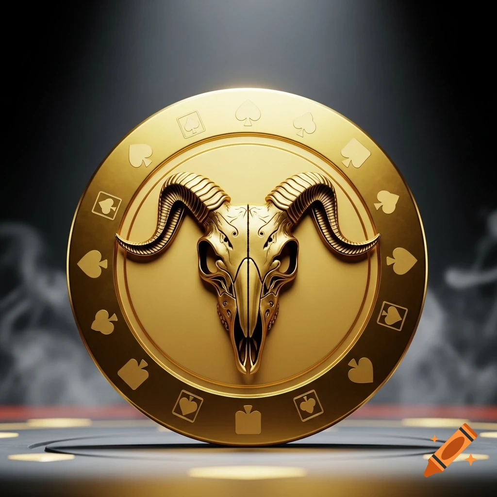 A golden poker chip with a detailed goat skull carved into its center, surrounded by playing card suit symbols. The chip glows in a dark, smoky setting.