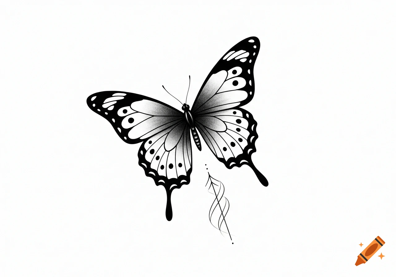 Detailed black and white butterfly tattoo design with shaded wings and elegant lines on a white background.