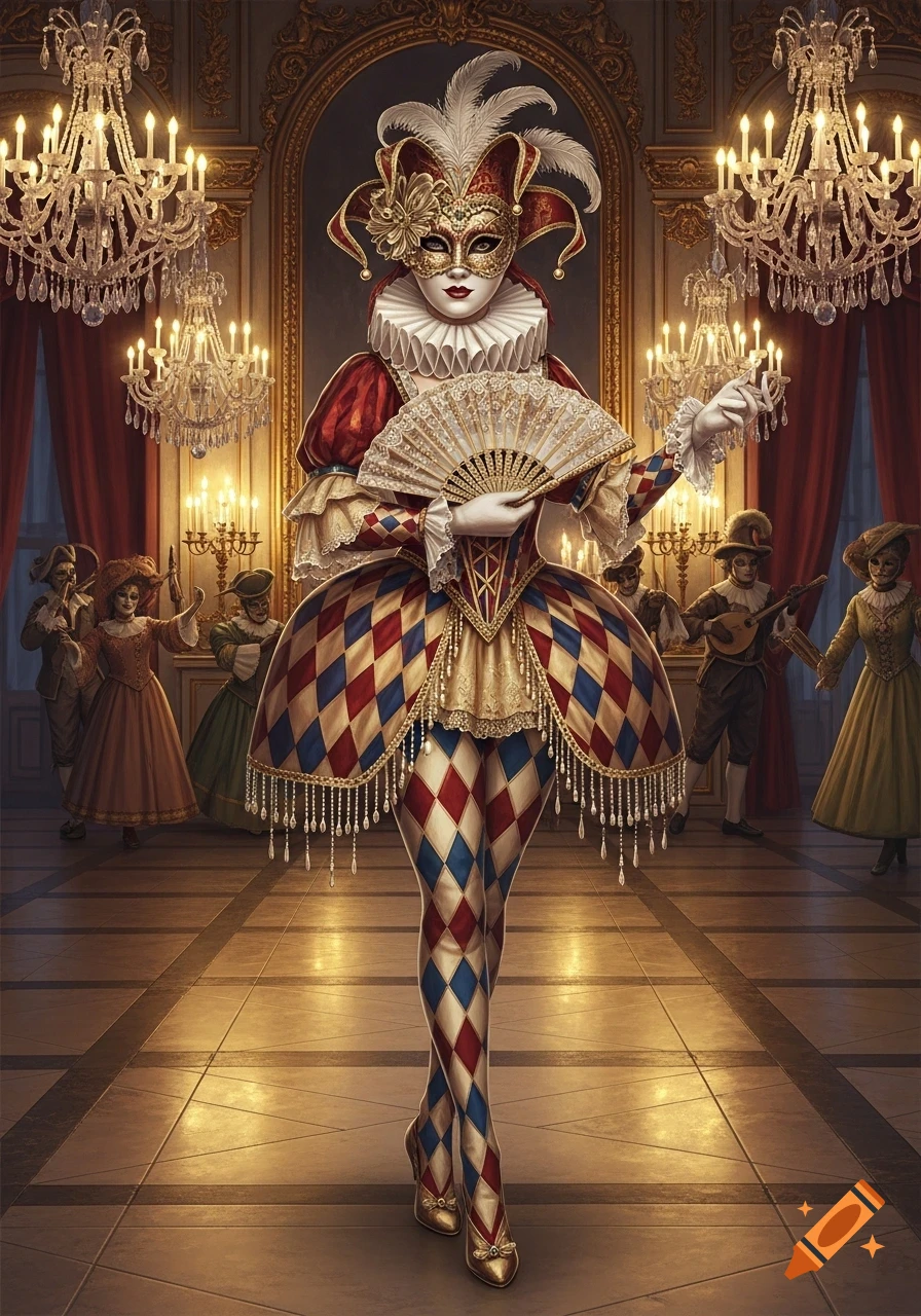 A masked figure in an ornate red, white, and blue harlequin costume stands in a grand ballroom amidst other masked guests and chandeliers.