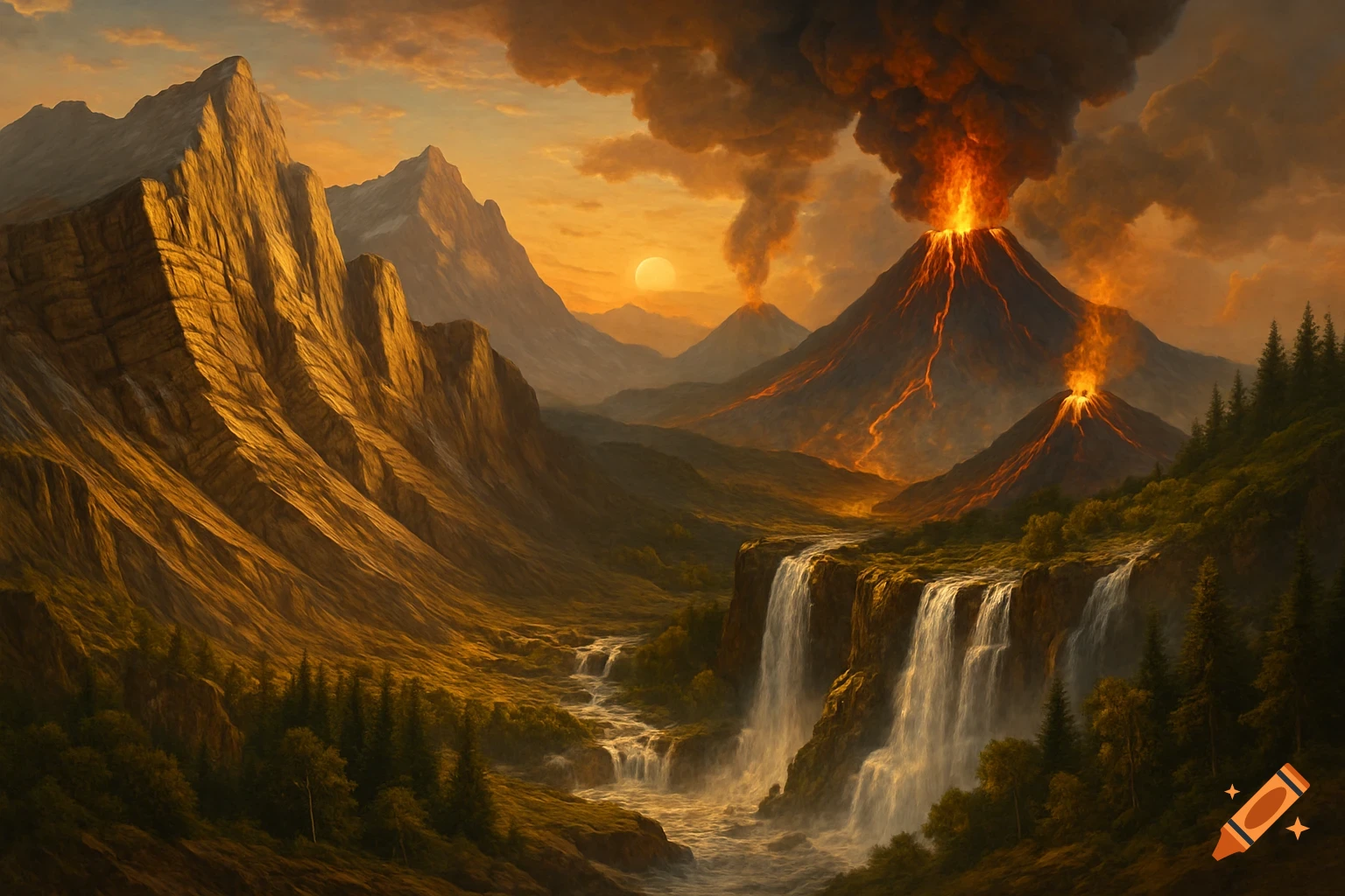 Dramatic landscape with two erupting volcanoes spewing lava and smoke under an orange sky, beside waterfalls and mountains.