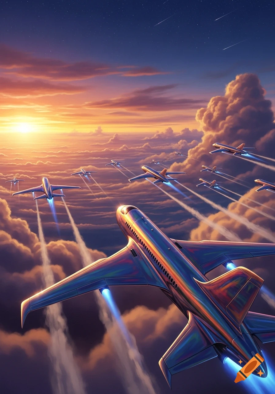 Many iridescent airplanes fly above a sea of clouds during a vibrant sunset, leaving glowing contrails in a dynamic digital illustration.