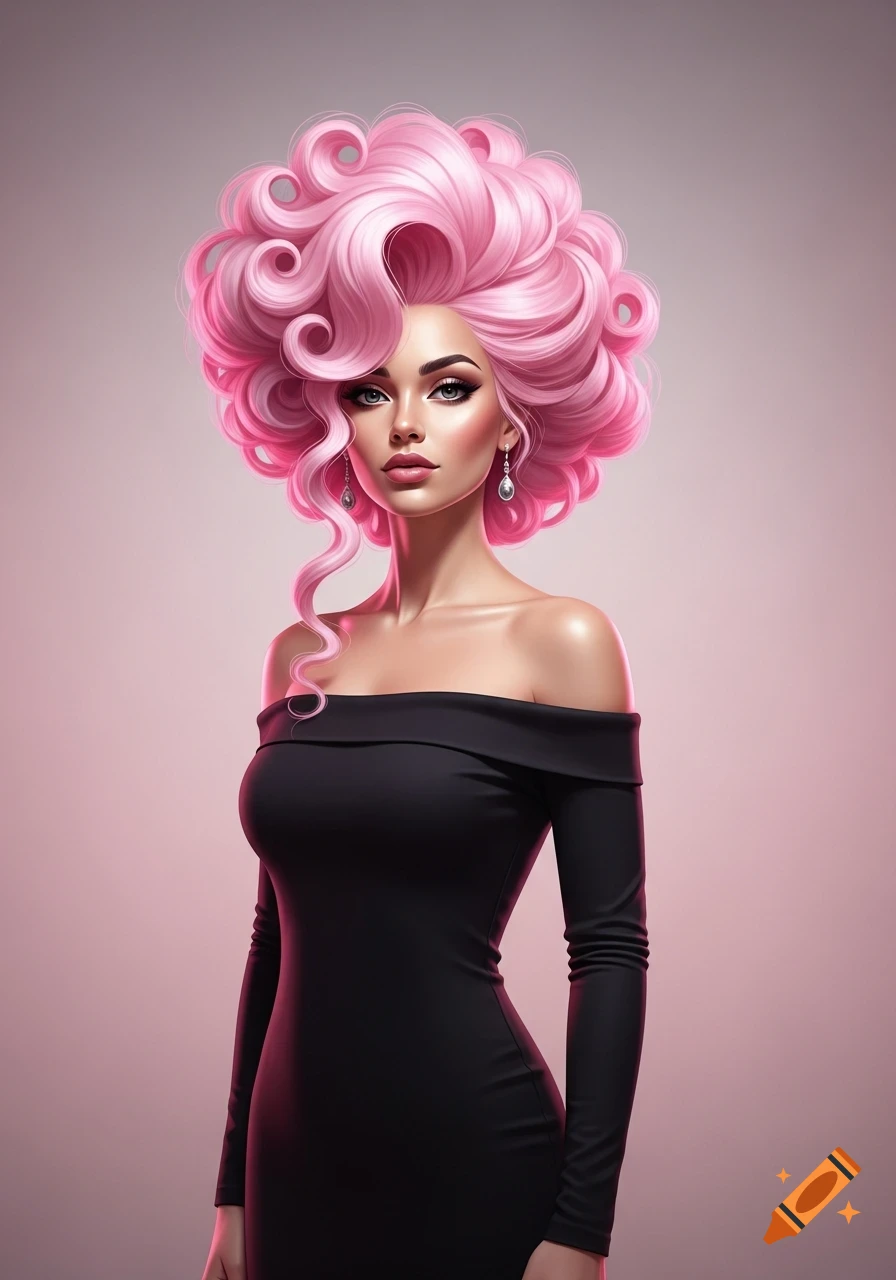 A glamorous woman with voluminous pink curly hair wears an off-shoulder black dress in a stylized digital art portrait.