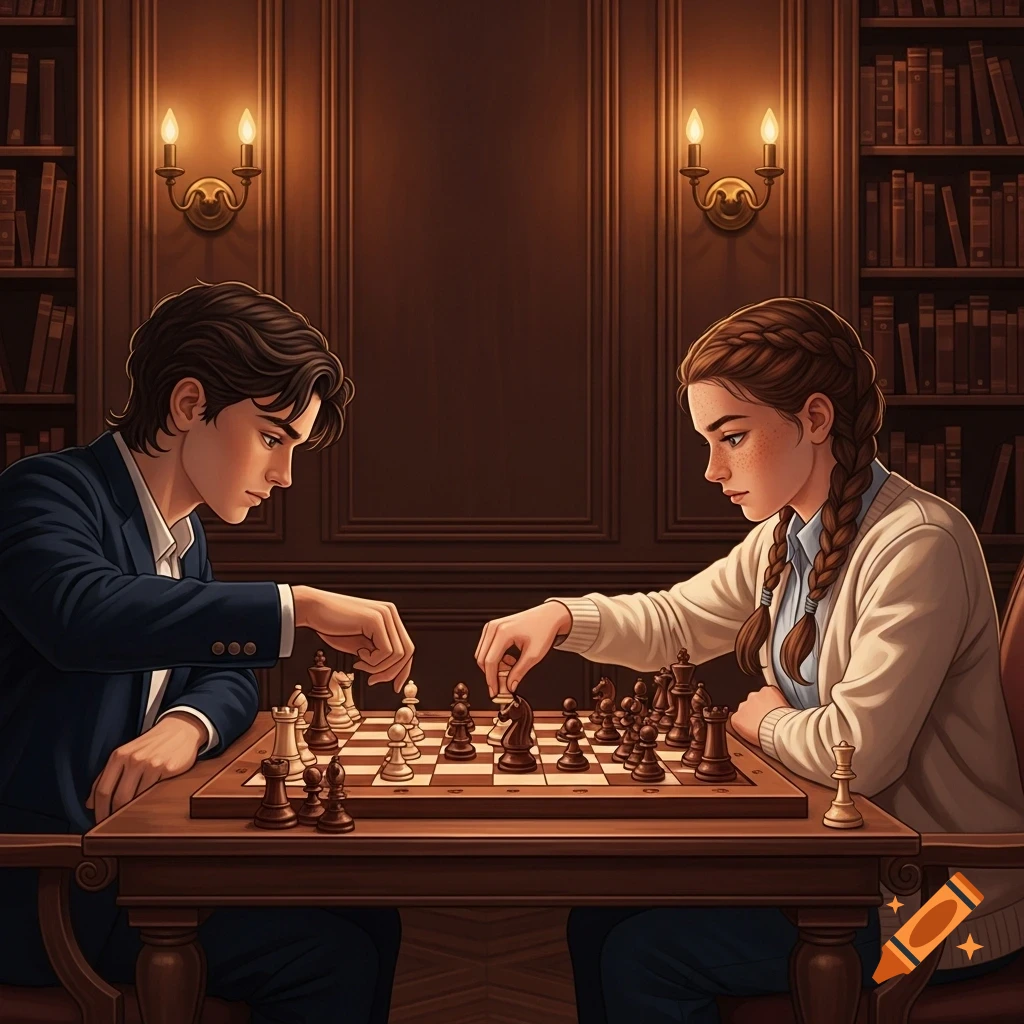 Illustrated scene of a young man and woman playing chess in a cozy, wood-paneled library.