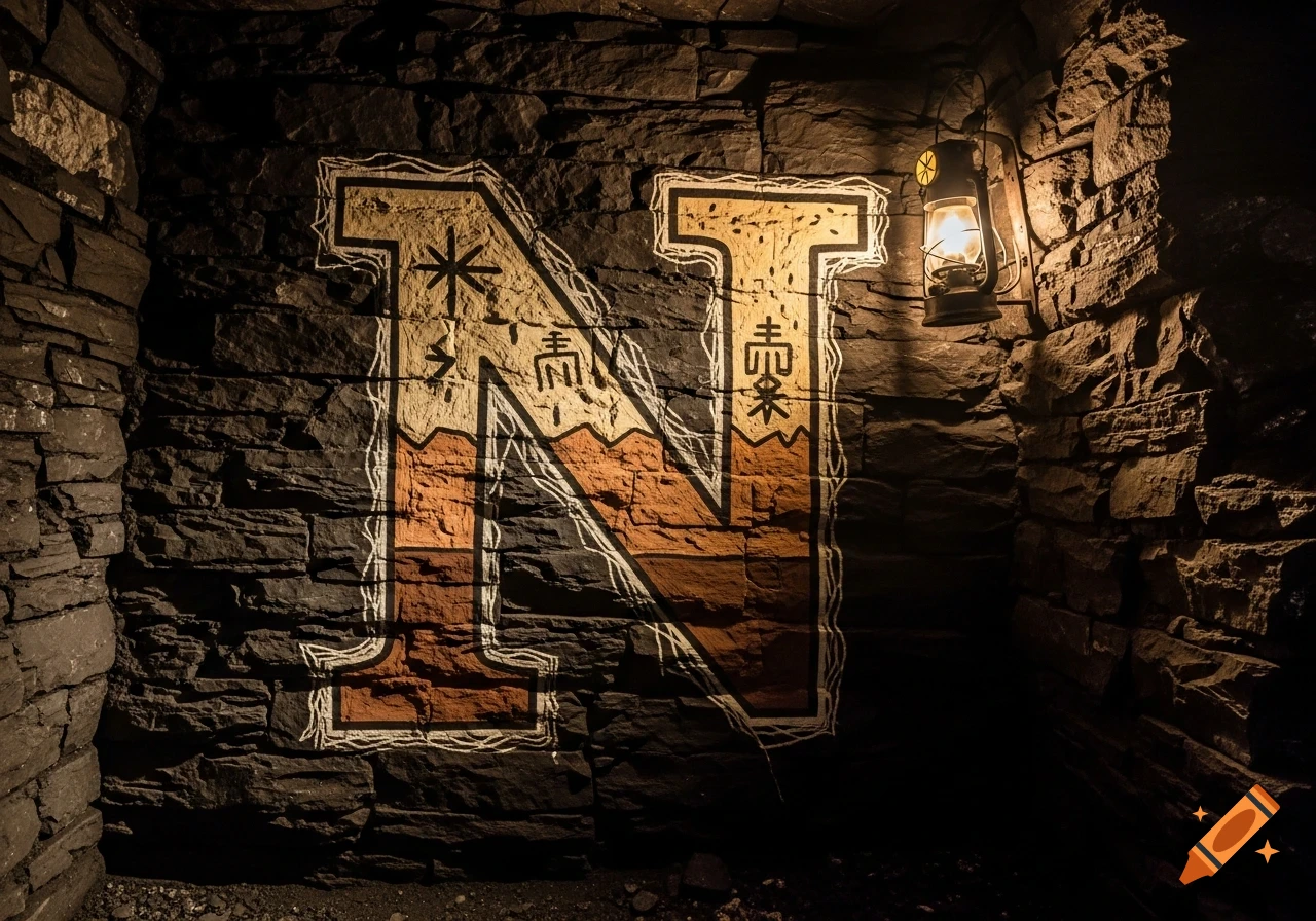A stylized, hand-drawn letter N with abstract symbols on a dark, rocky cave wall, lit by a lantern.