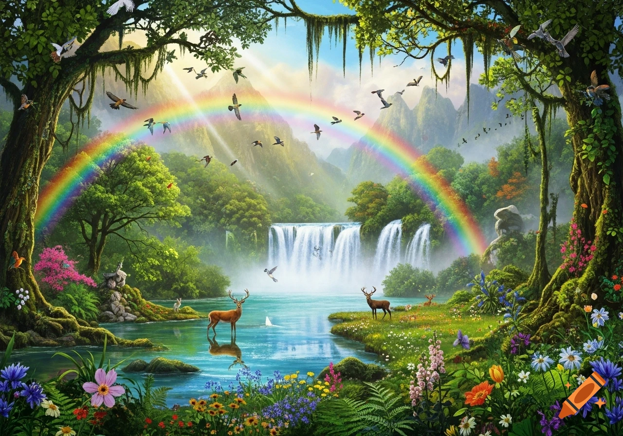 Vibrant fantasy landscape with a rainbow arching over waterfalls, a river, deer, birds, and lush forest.