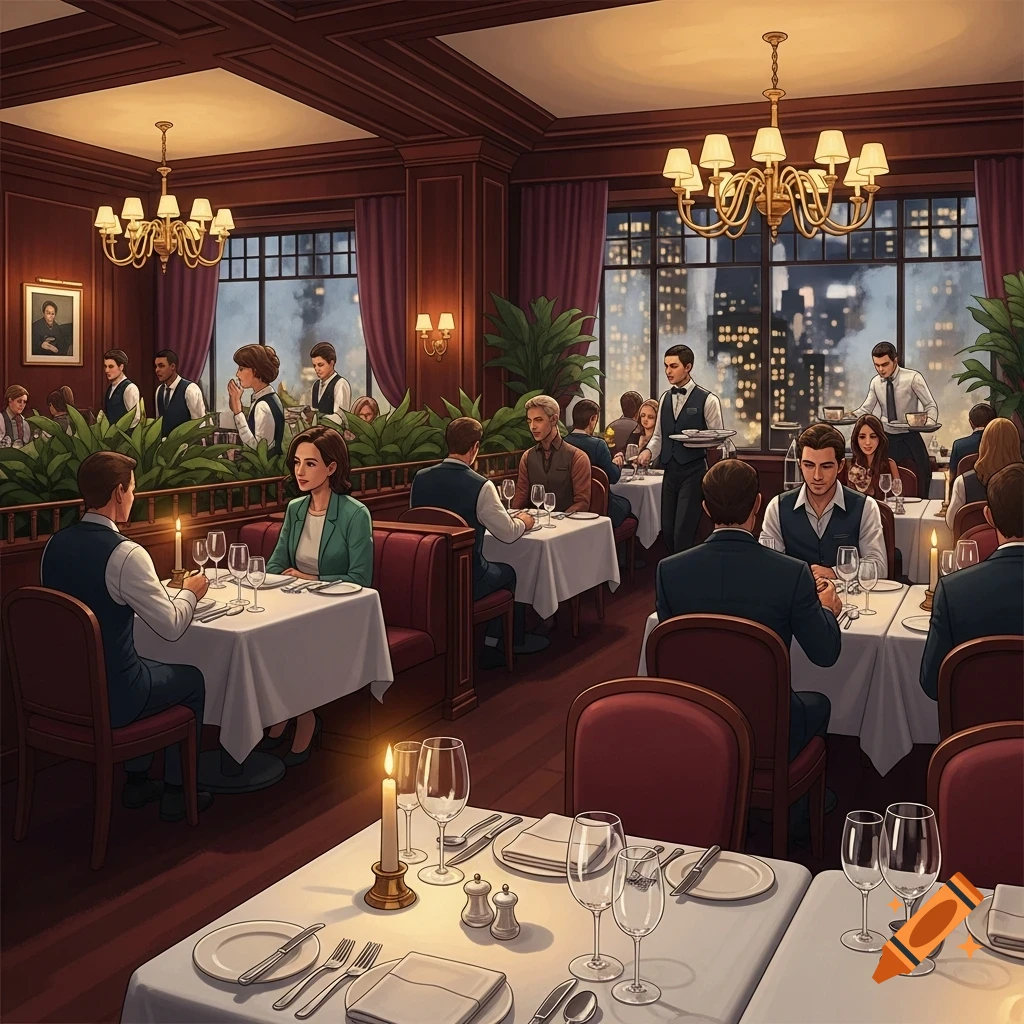 An elegant restaurant interior with many patrons dining at tables and waiters serving, with a city skyline visible through large windows.