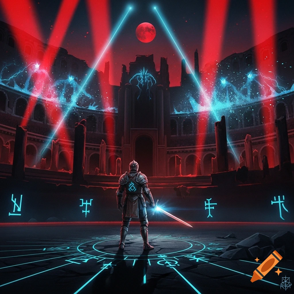 A knight with a glowing sword stands in a dark, ruined arena under a red moon, surrounded by glowing blue runes and lasers.