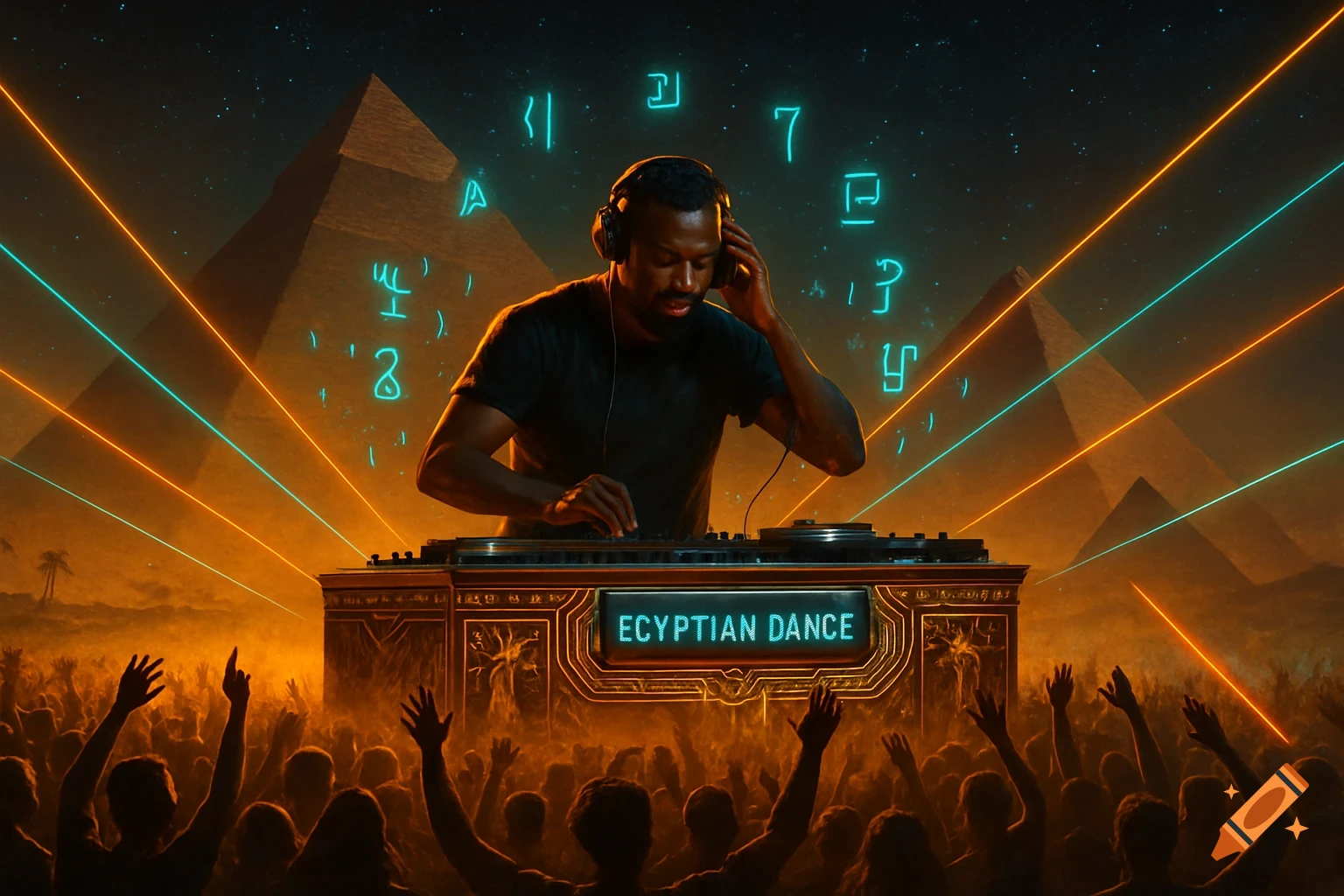 A Black male DJ mixing music at a high-energy rave in ancient Egypt, with pyramids, glowing hieroglyphs, and lasers illuminating the night.