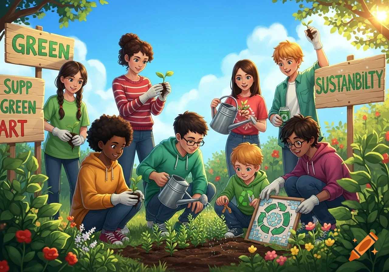 A diverse group of smiling children and teenagers plant seedlings in a sunny garden, surrounded by lush green plants and wooden signs.