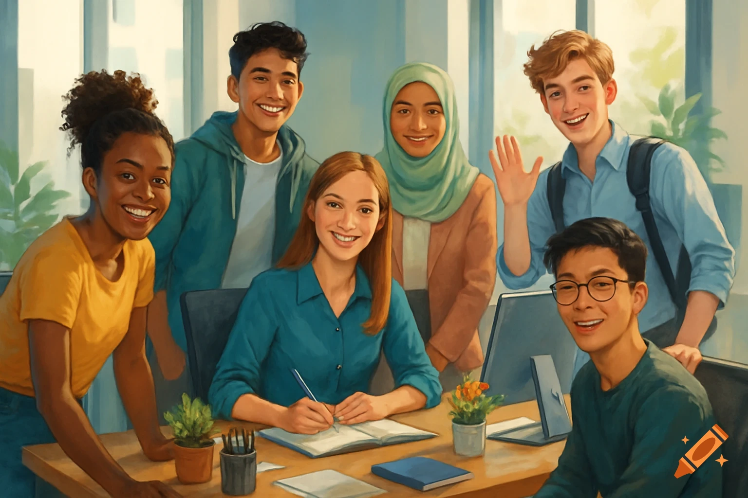 A diverse group of smiling young students in an office setting, one writing in a notebook.