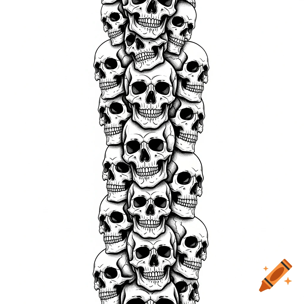 A vertical tower of stylized human skulls in black and white line art on a blank white background.