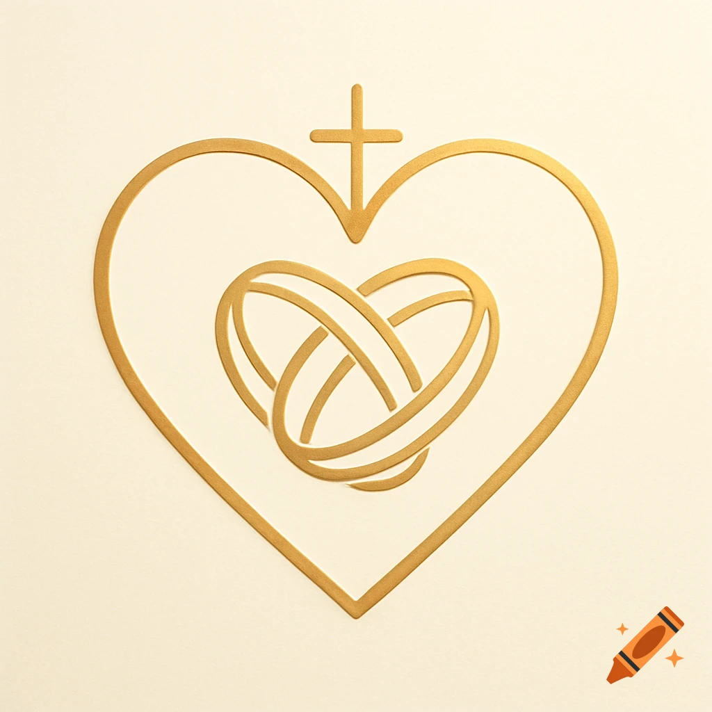 A gold heart logo with a cross on top, embracing two intertwining gold wedding rings, set against a cream background.