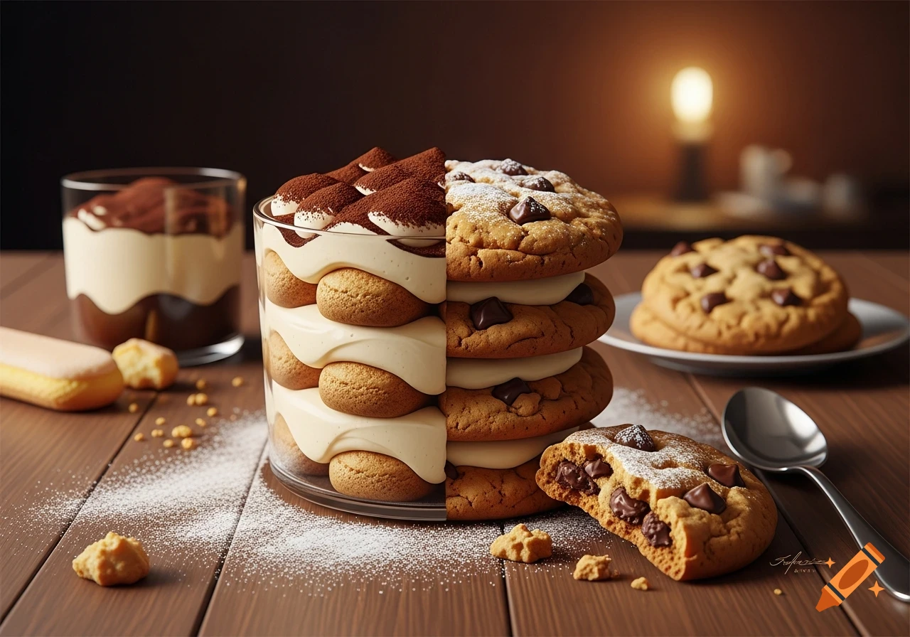 A glass dessert combining layers of tiramisu on one side and chocolate chip cookies with cream on the other, on a wooden table.
