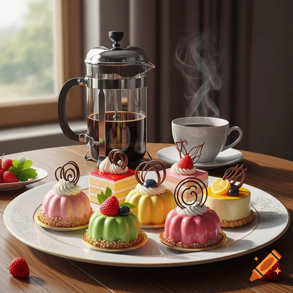 A white platter holds a variety of colorful mini French cakes with fruit and chocolate curls, alongside a steaming cup of coffee and a French press on a wooden table.