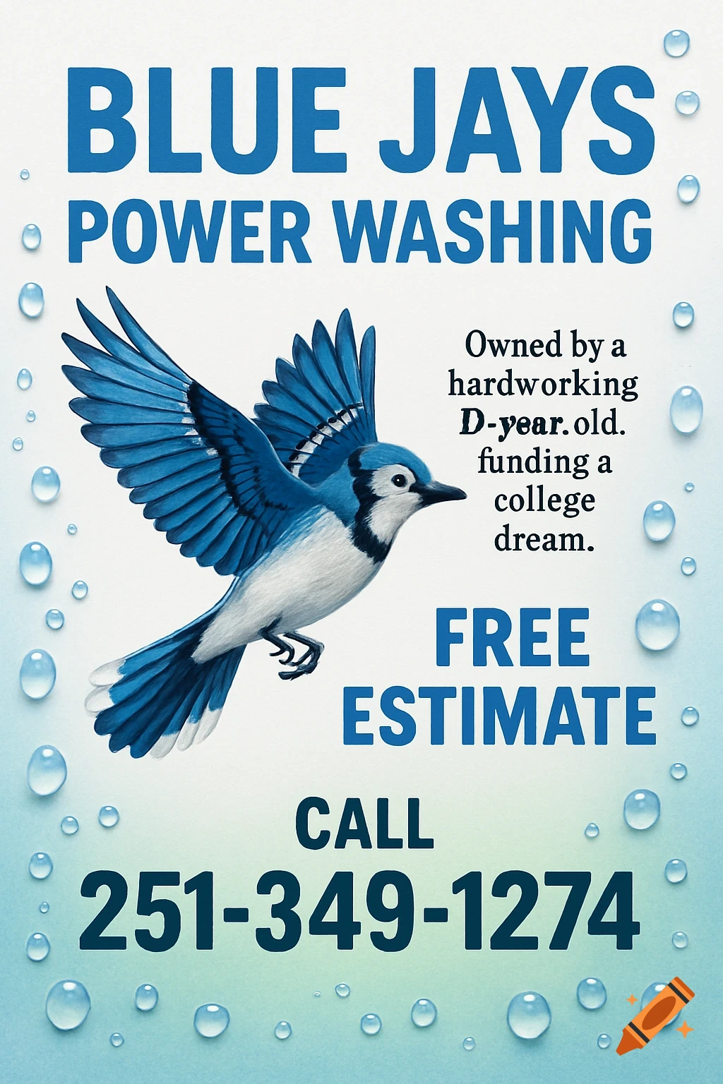 A flyer for Blue Jays Power Washing, featuring a blue jay bird, text about a college dream, a phone number, and water droplets on a blue background.