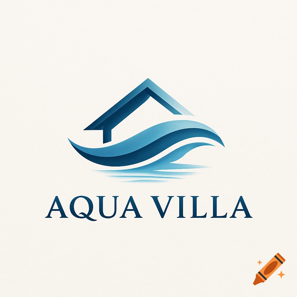 A blue and teal logo featuring a house roof over stylized waves, with 'AQUA VILLA' text below.