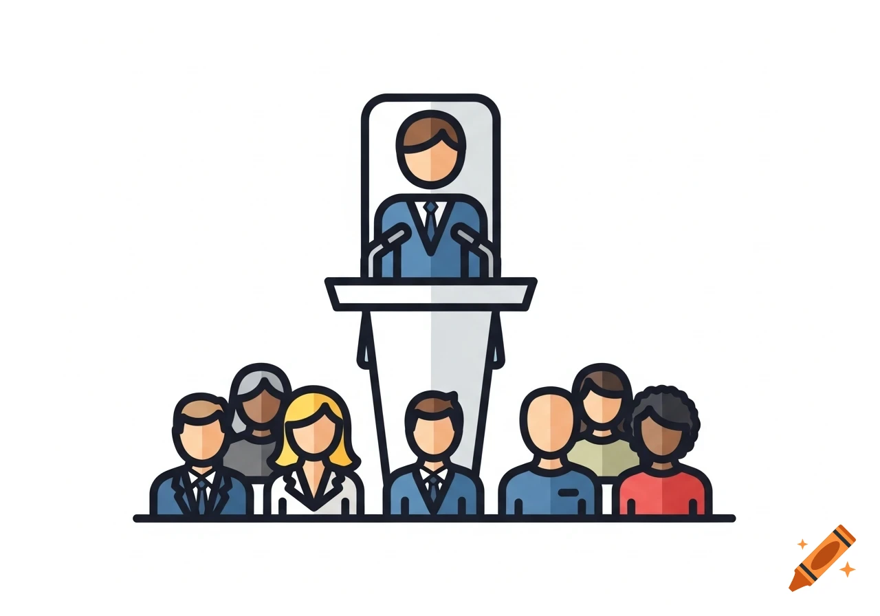 A colorful clipart-style icon of a speaker at a podium addressing a small group of people.
