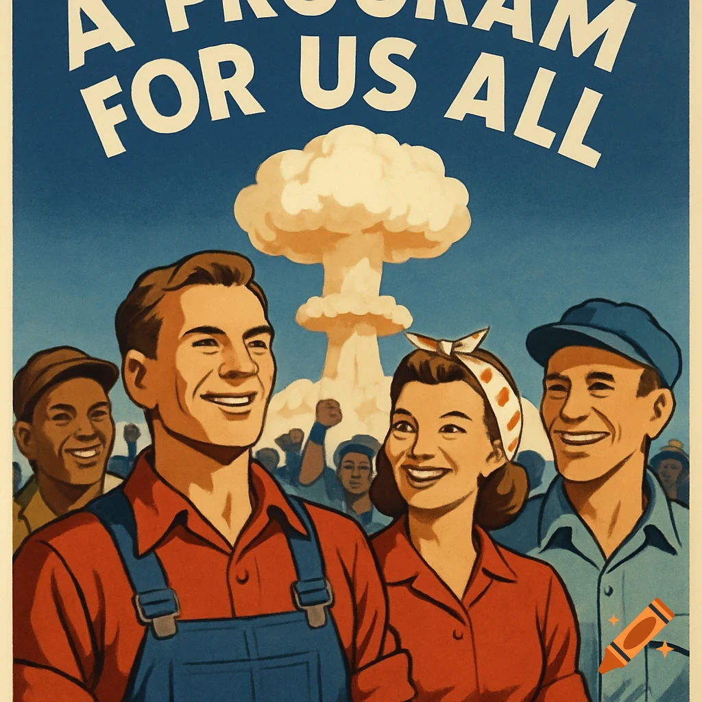 Vintage American propaganda poster with smiling workers, a mushroom cloud, and the text "A PROGRAM FOR US ALL".