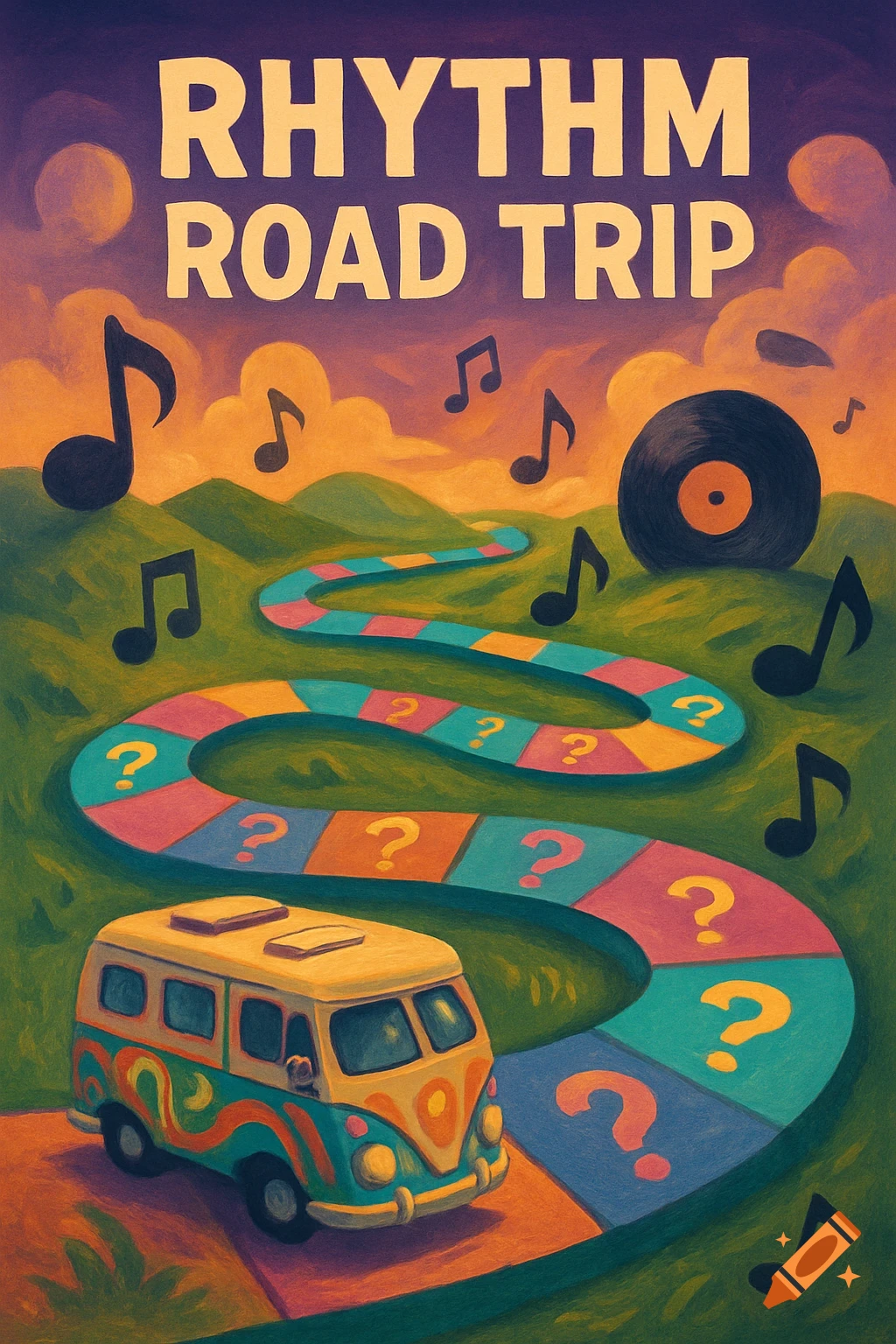 Vintage-style illustration of a 'RHYTHM ROAD TRIP' board game with a hippie van, musical notes, and a winding path of question marks.
