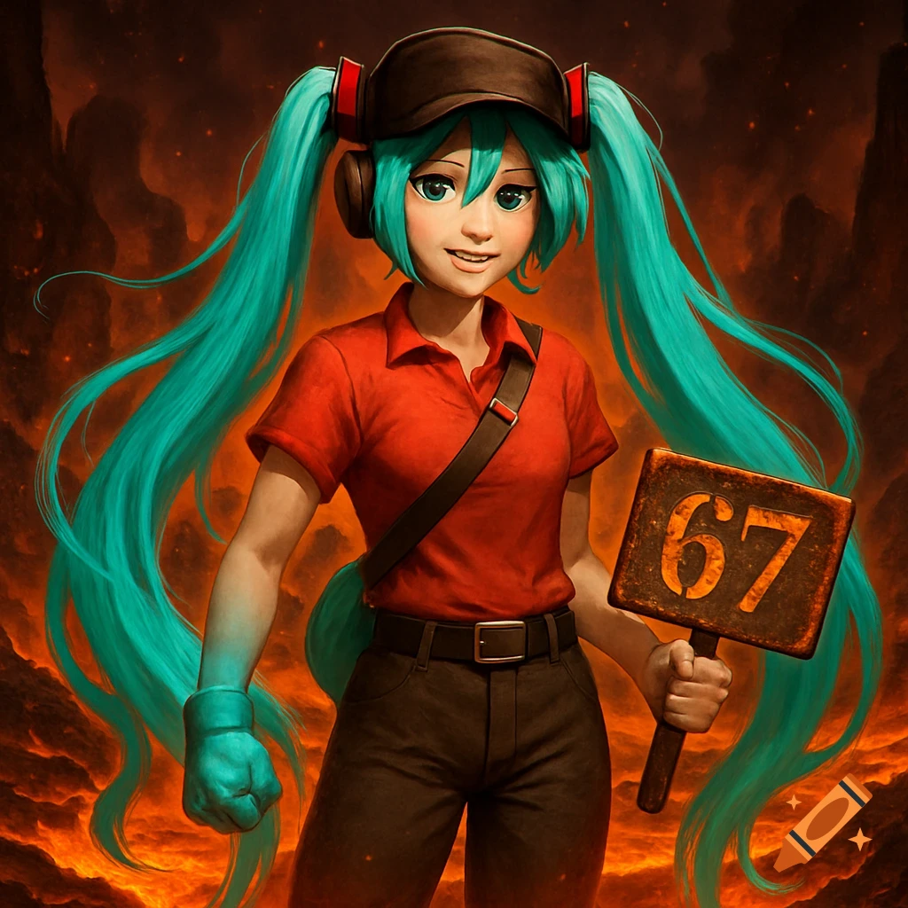 A smiling anime girl with long blue pigtails, wearing a red polo shirt and cap, holds a '67' sign in a fiery hellscape.