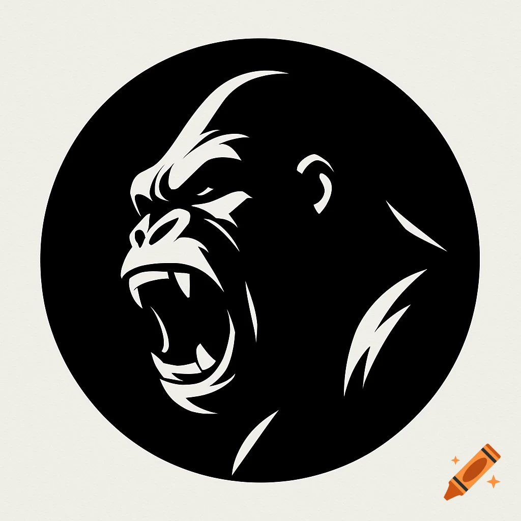 Bold black-and-white silhouette logo of an angry gorilla's head with an open mouth, enclosed in a circle.