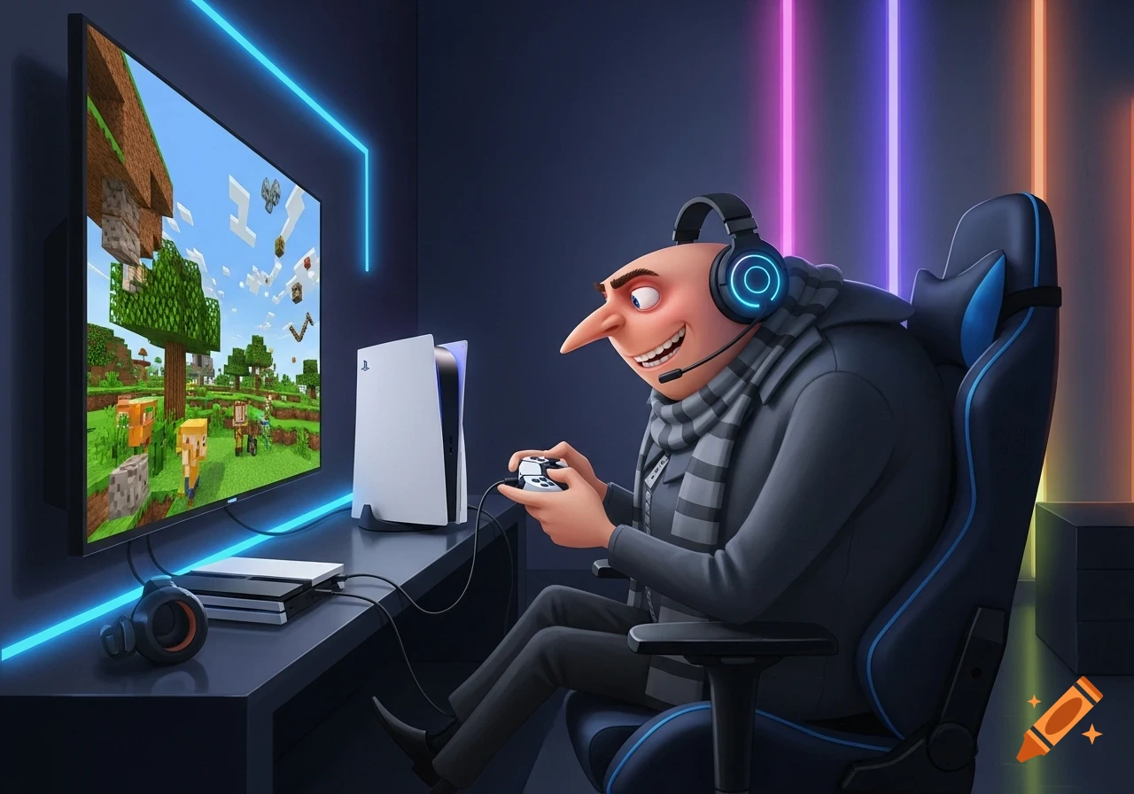 Gru, wearing gaming headphones, sits in a gaming chair, smiling while playing Minecraft on a PS5 console connected to a large monitor. Neon lights illuminate the dark room.