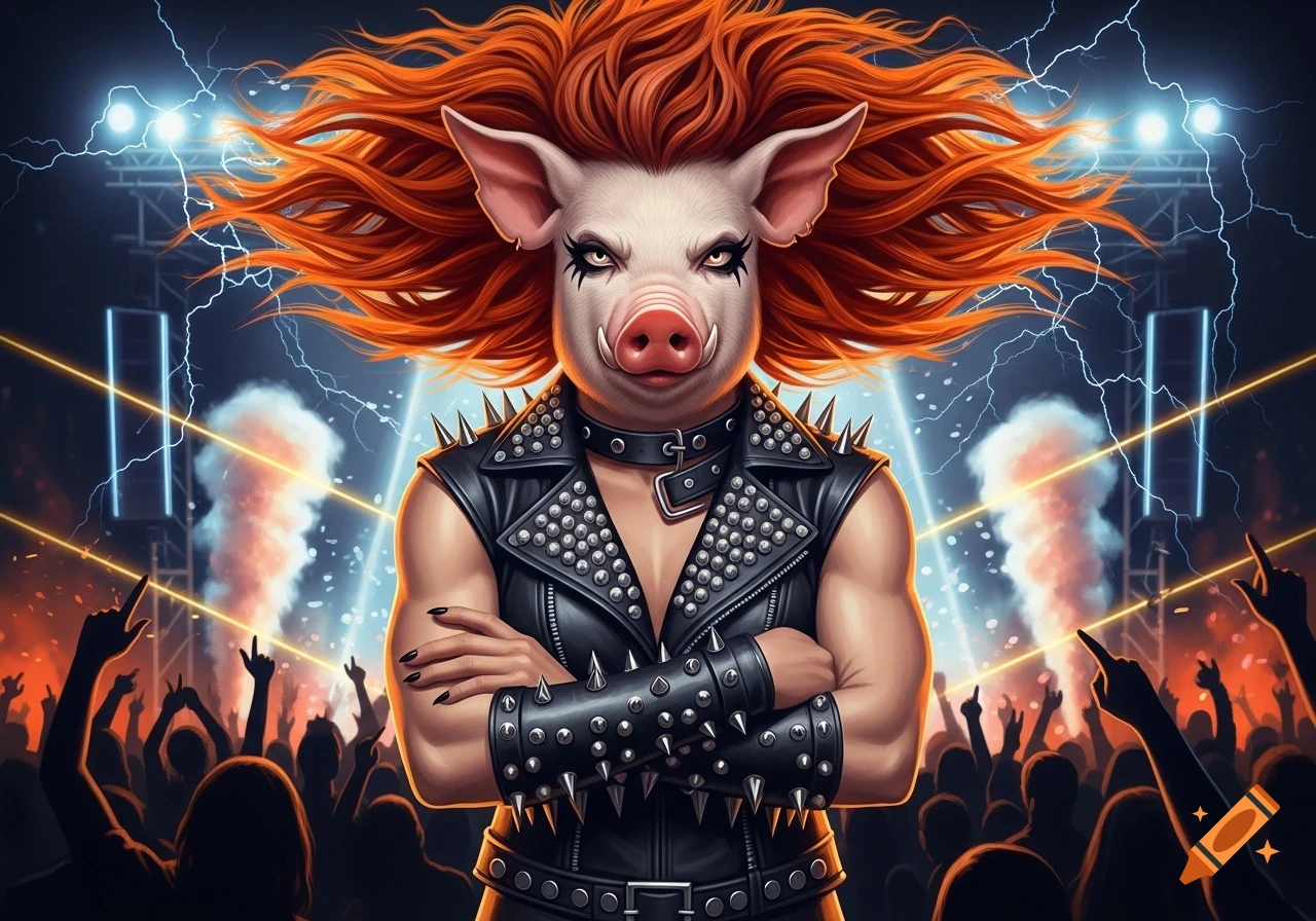A fierce female pig-human hybrid with wild orange hair and a studded leather vest stands on stage at a heavy metal concert, illuminated by lightning.