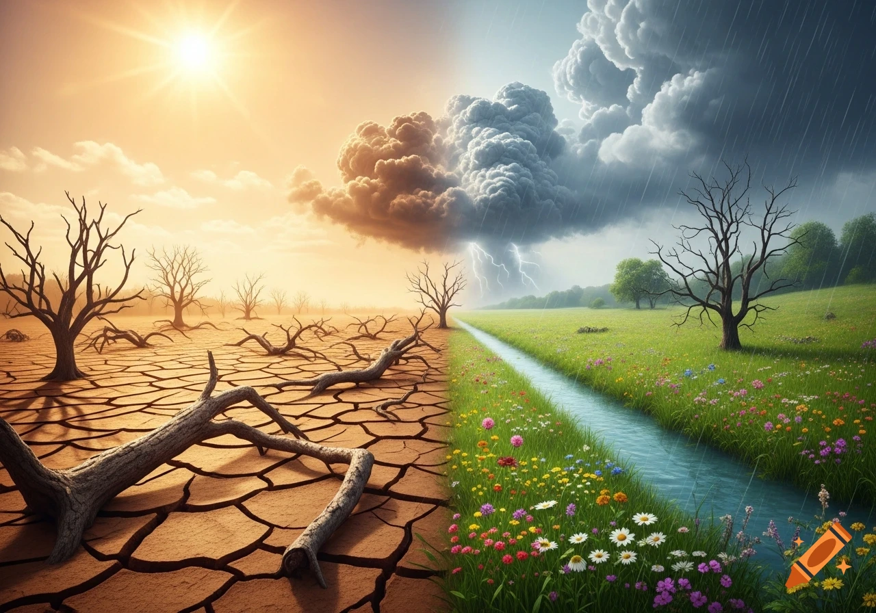 A split image depicting climate change, with a barren, cracked desert on the left and a lush, rainy landscape on the right.