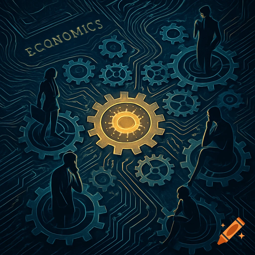 Abstract image representing economics with a central glowing gear, smaller gears, circuit lines, and silhouettes of people.