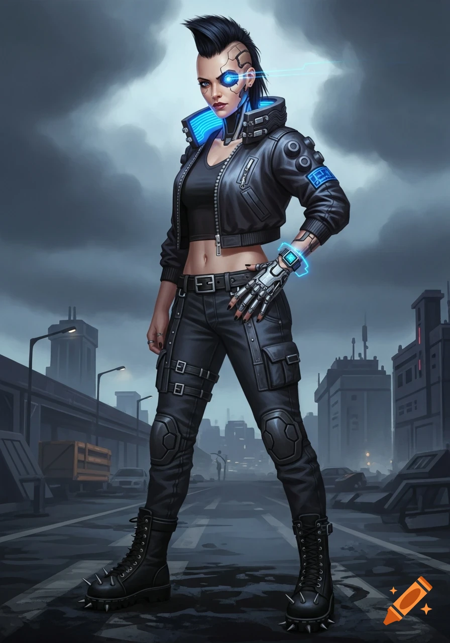 A full-body digital art illustration of a cyberpunk woman with a mohawk, cybereye, and cybernetic hand, wearing a black crop top, leather jacket, and spiked boots, standing in a dystopian city street under a cloudy sky.