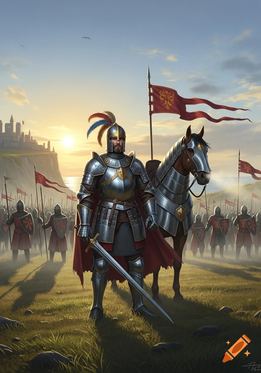A medieval knight in shining armor stands with his barded horse and army on a grassy field, a castle and ocean at sunrise in the background.