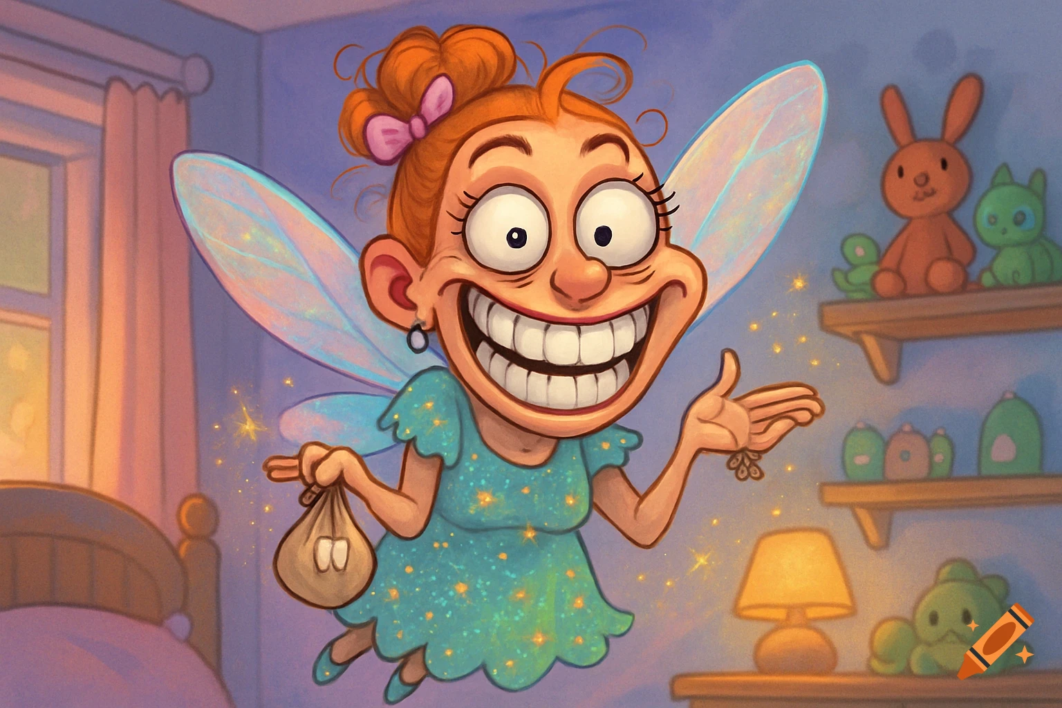 A whimsical cartoon tooth fairy with exaggerated features, a wide grin, and transparent wings, holding a small bag in a child's bedroom.