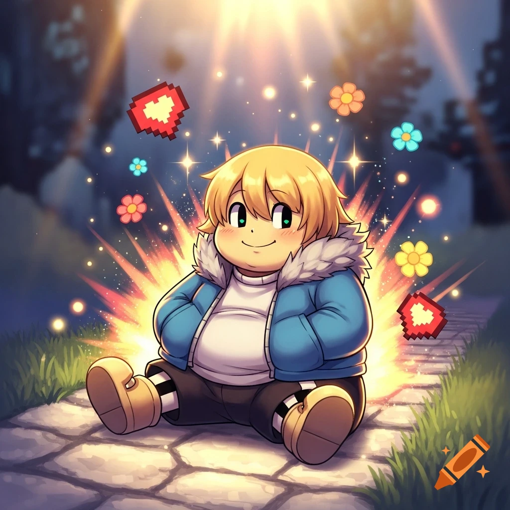 A very chubby, blonde, anime-style character resembling Frisk from Undertale sits on a stone path, surrounded by glowing effects, pixelated hearts, and flowers.