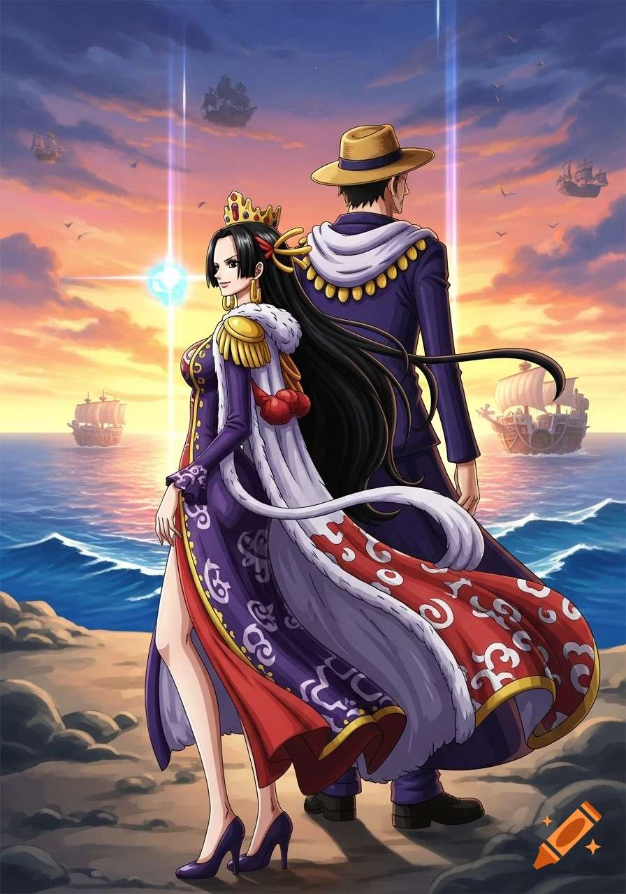 Boa Hancock in a regal purple and red dress with a male character by the ocean at sunset with ships in anime style.