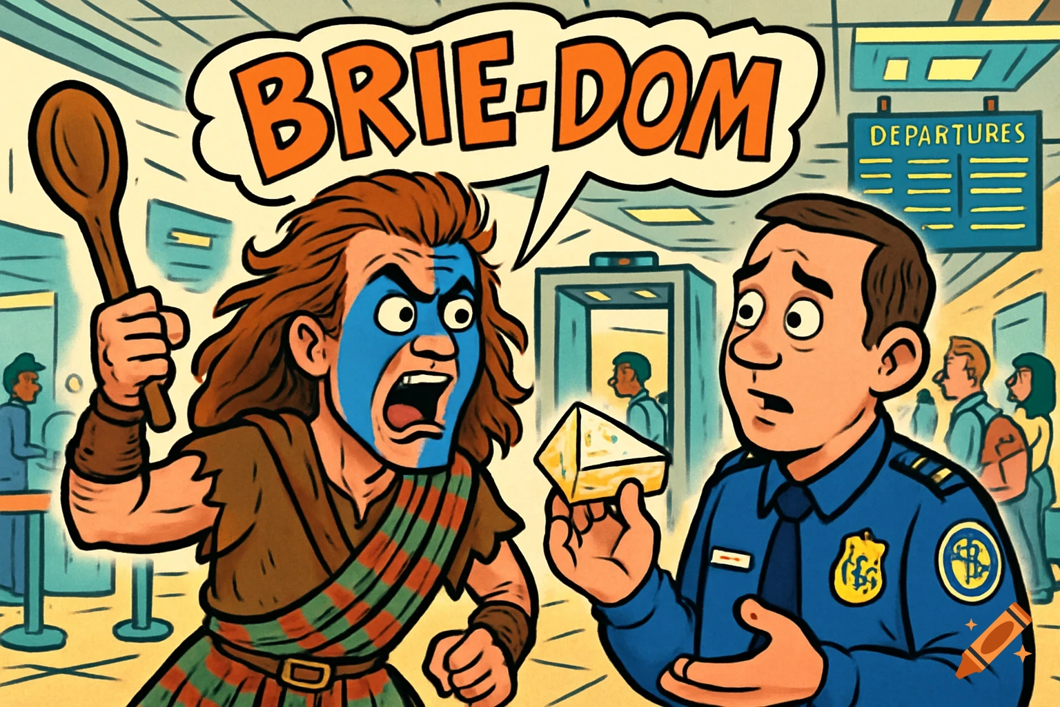 Cartoon Braveheart yells "BRIE-DOM" at a bewildered TSA agent holding a wedge of cheese at an airport security checkpoint.