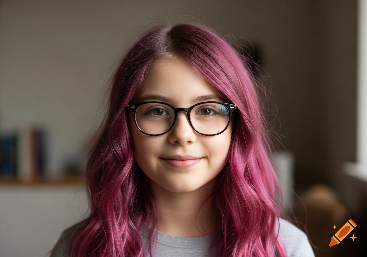 A smiling young girl with long, wavy pink hair and black-rimmed glasses looks directly at the viewer.