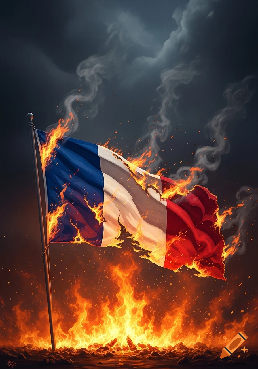 A French flag burning, with bright flames consuming its lower half and smoke rising against a dark, cloudy sky.